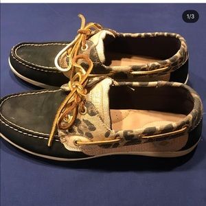 Black Sperry’s. Tan with leopard print details!